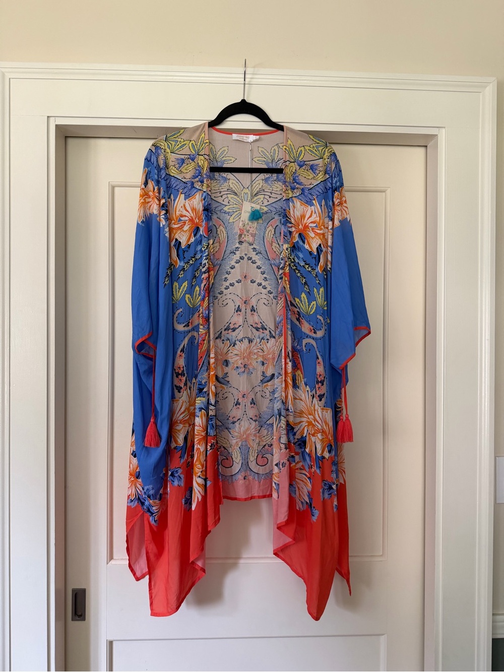 Johnny Was Kahlo Short Kimono Blue Coral Floral Tassel Cover-Up L NWT